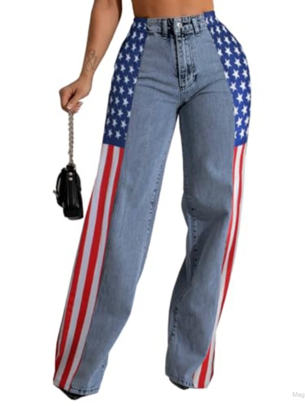 High Waisted Wide Leg Jeans Stretch Patchwork American Flag